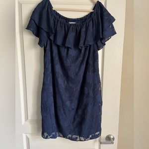 Off the shoulder navy dress with flower detail
